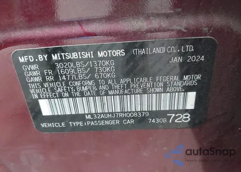 2024 Mitsubishi Mirage Es z USA, uszkodzony, nr VIN ML32AUHJ7RH008379